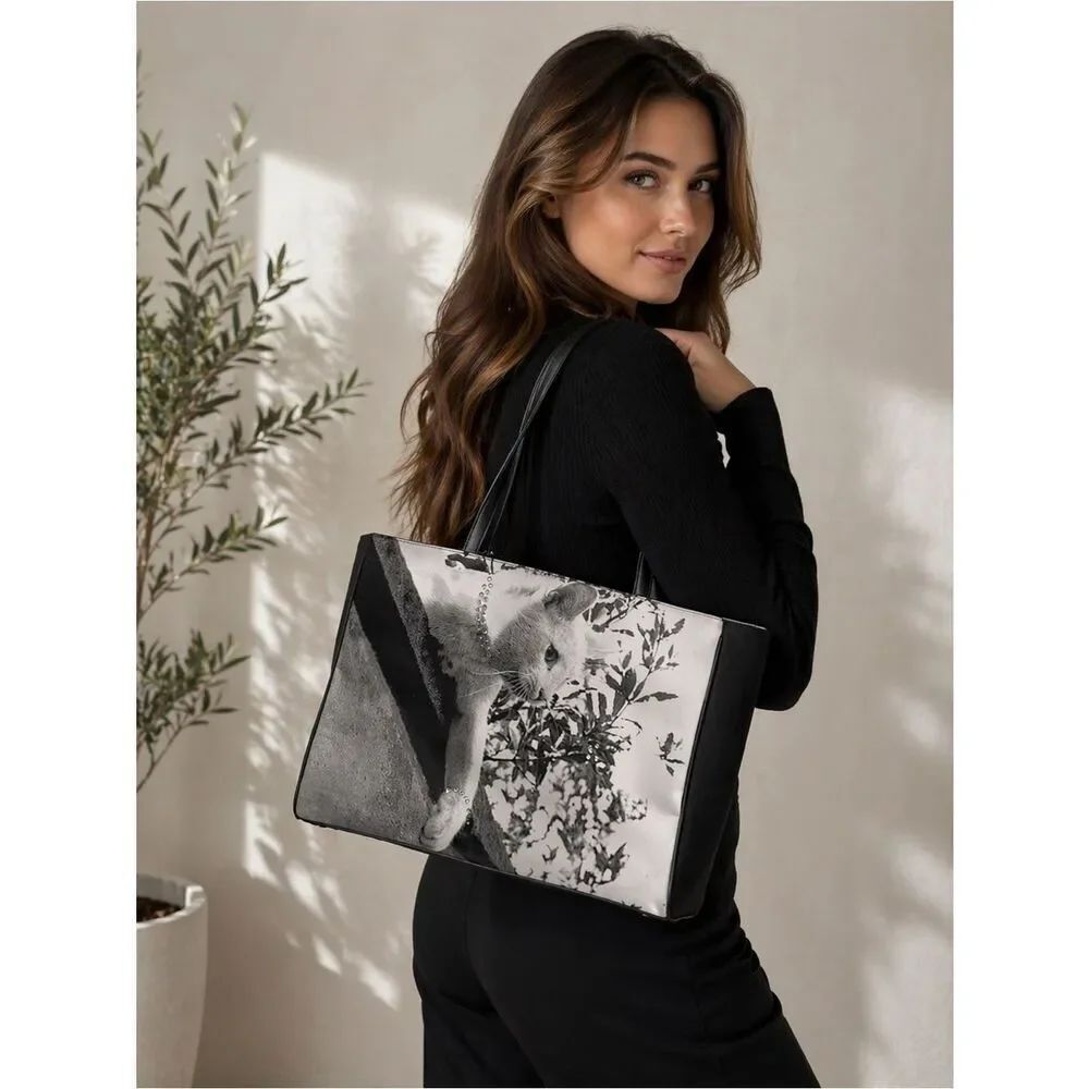 Vintage Black and White Cat Print Tote Bag - Women